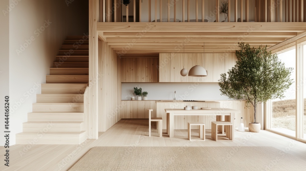 Minimalist Light-Filled Open-Plan Home Featu a Beautiful Wooden Staircase, Spacious Kitchen, Dining Area, and Loft with Light-Colored Wood Decor Minimalist Light-Filled Open-Plan Home Featu a Beautiful Wooden Staircase, Spacious Kitchen, Dining Area, and Loft with Light-Colored Wood Decor