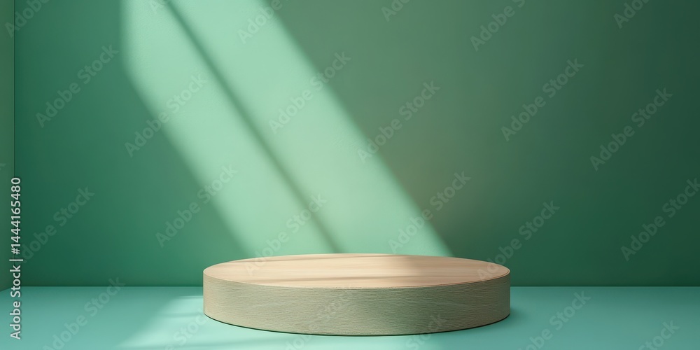Green Backdrop. Abstract Minimal Scene with Wooden Podium in Studio Lighting Background