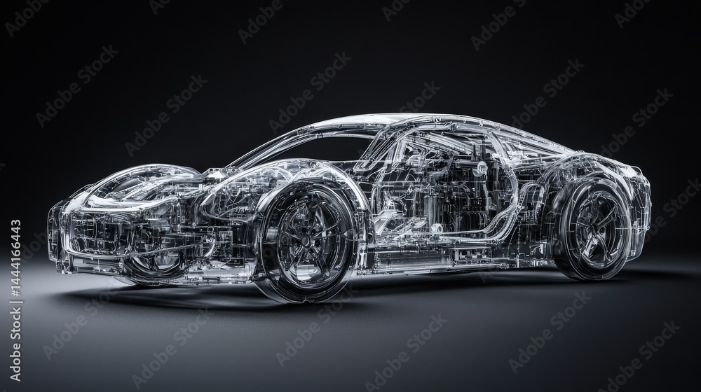 Naklejka premium Futuristic transparent car model showcasing intricate internal details and design.