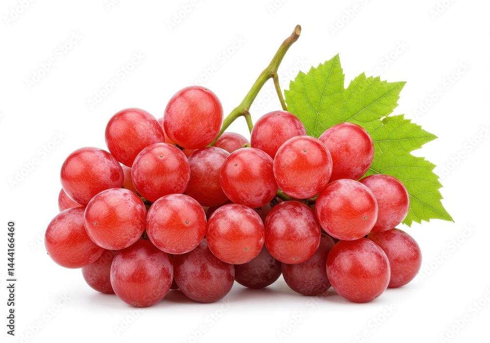 Fototapeta premium A bunch of red grapes with green leaves attached to the stem on a white isolated background view