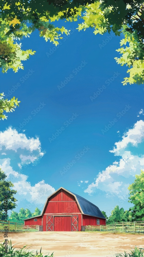 Obraz premium Bright blue clear sky with white fluffy clouds overhead surrounded by lush green trees with vibrant foliage and a picturesque red barn with blue roof in a rural farm setting