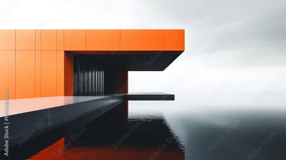 Fototapeta premium Modern architectural structure with bold orange accents and serene water reflections.