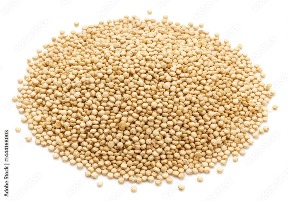 A close up shot showing a pile of quinoa seeds on a white background in a studio setting for food photography A close up shot showing a pile of quinoa seeds on a white background in a studio setting for food photography