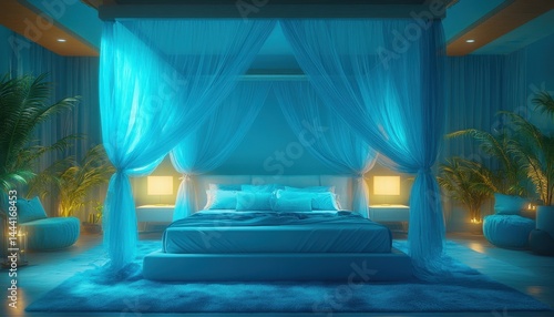 A radiant turquoise bedroom interior with a four-poster bed.