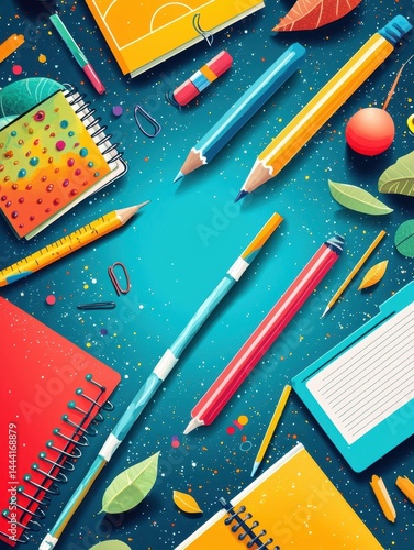 Creative and colorful school supplies including pens pencils markers notebooks paper clips and leaves on a vibrant background for back to school education and study concepts