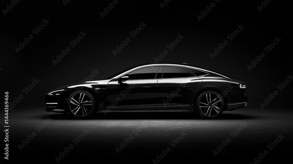 Naklejka premium Sleek black car silhouette in dark background, showcasing modern automotive design.