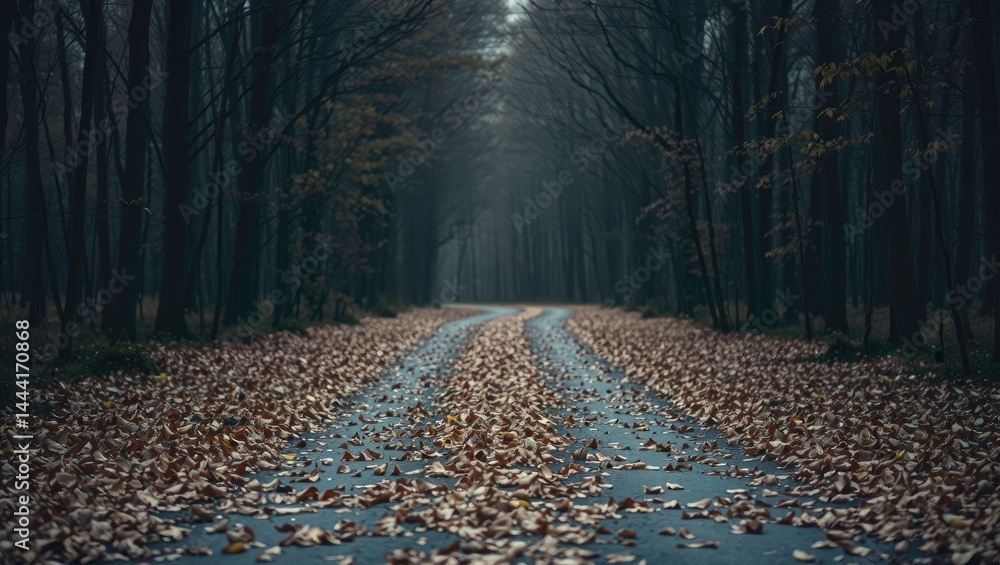 Autumnal Path into the Woods - Empty Road, Fallen Leaves