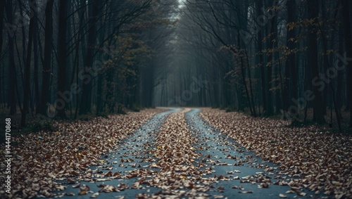 Autumnal Path into the Woods - Empty Road, Fallen Leaves