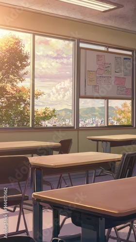 Bright classroom interior with large overlooking cityscape  empty desks and chairs  educational posters on wall  natural sunrise light  modern school room