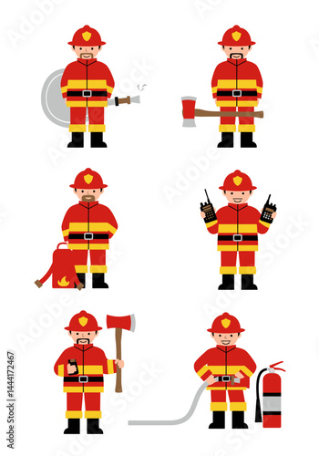 Set of 4 flat design firefighter characters in simple poses with equipment, wearing red-yellow uniforms on white background, clean and minimal style.