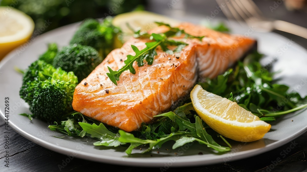 A light dinner of poached salmon with rocket leaves, lemon wedges, and a side of steamed broccoli for a vitamin C boost. A light dinner of poached salmon with rocket leaves, lemon wedges, and a side of steamed broccoli for a vitamin C boost.