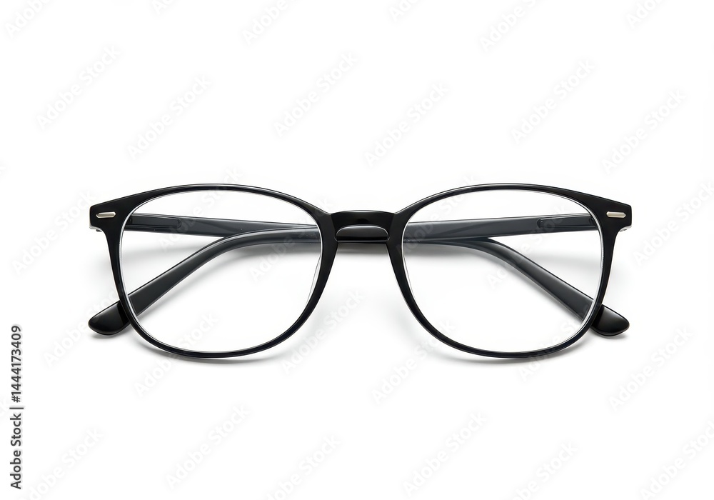 A close up view of black framed eyeglasses isolated on a white background in a studio setting A close up view of black framed eyeglasses isolated on a white background in a studio setting