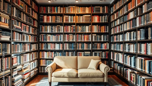 Cozy Library Bookshelves with Reading Sofa