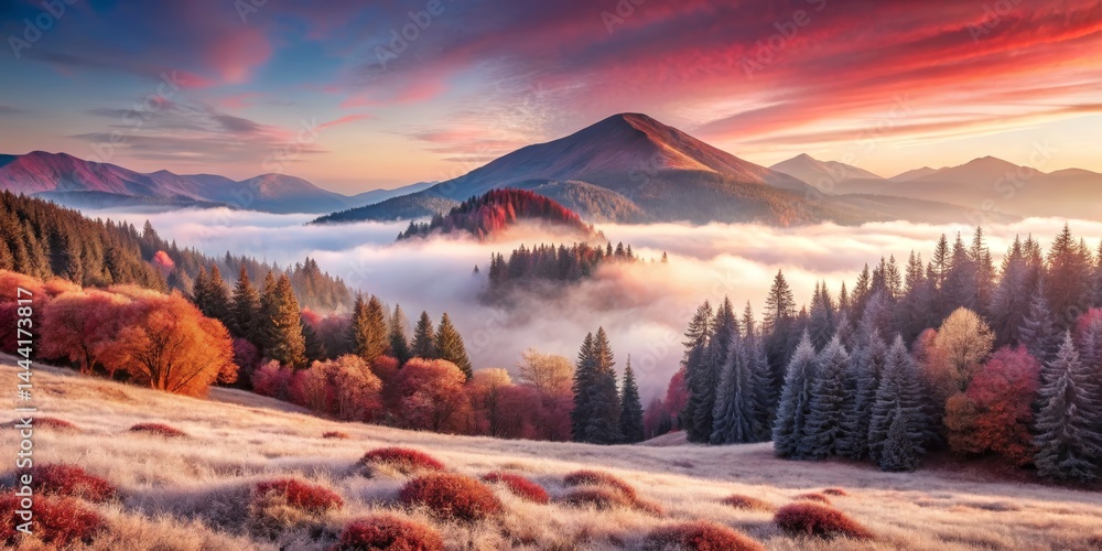 Obraz premium Mountain Landscape with Foggy Valley at Sunrise