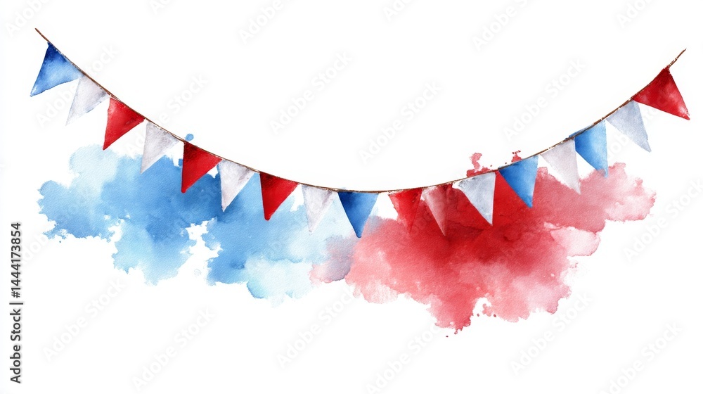 Colorful Watercolor Bunting with Red and Blue Background Splashes