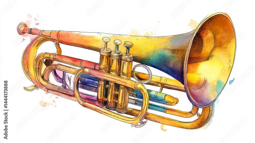Vibrant Watercolor Illustration of a Brass Tuba Musical Instrument