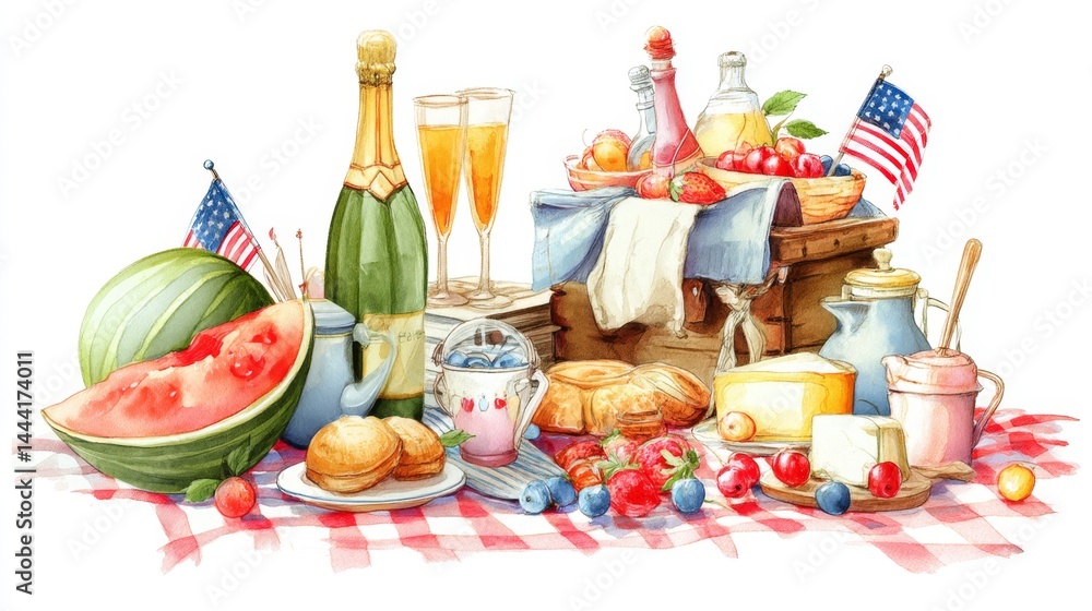 Classic American Picnic Spread with Refreshing Fruits and Beverages