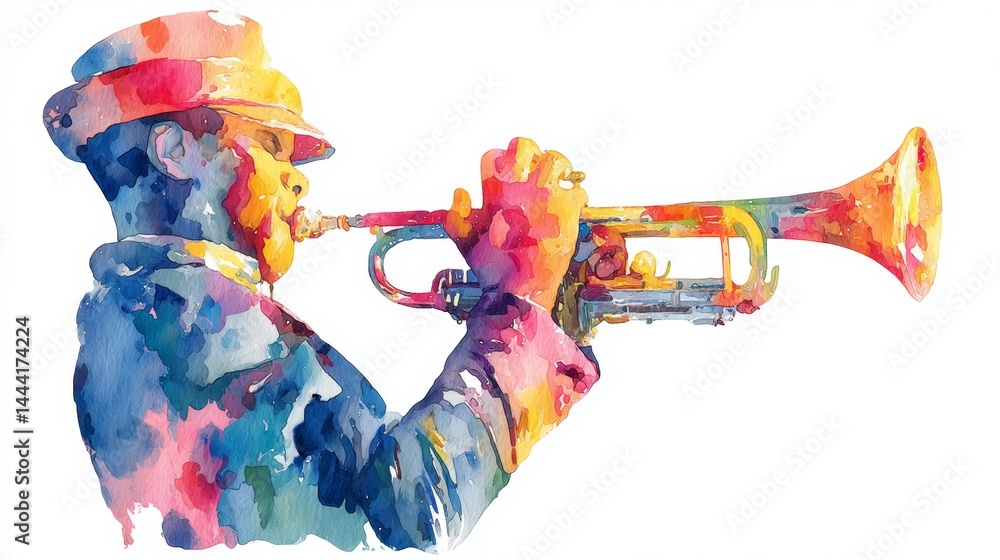 Colorful Watercolor Portrait of a Jazz Musician Playing Trumpet