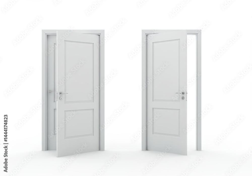 Two white doors slightly ajar against a stark white background in a minimalist composition style Two white doors slightly ajar against a stark white background in a minimalist composition style