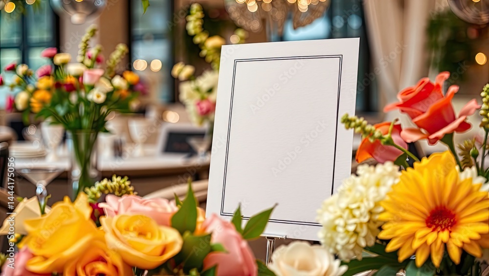 Elegant Announcement Mockup near Floral Arrangements for Events