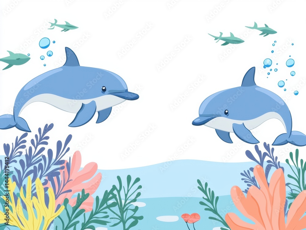 Obraz premium Two playful dolphins swimming in vibrant underwater coral reef surrounded by colorful marine plants and smaller fish in a bright ocean scene