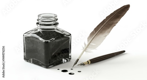Antique inkwell with black ink and quill pen on white background for writing history