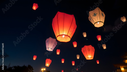 floating sky lanterns lamp to the night sky