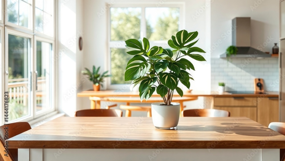 Empty Kitchen Table with Green Plant, Bright Home Interior, Banner Mockup