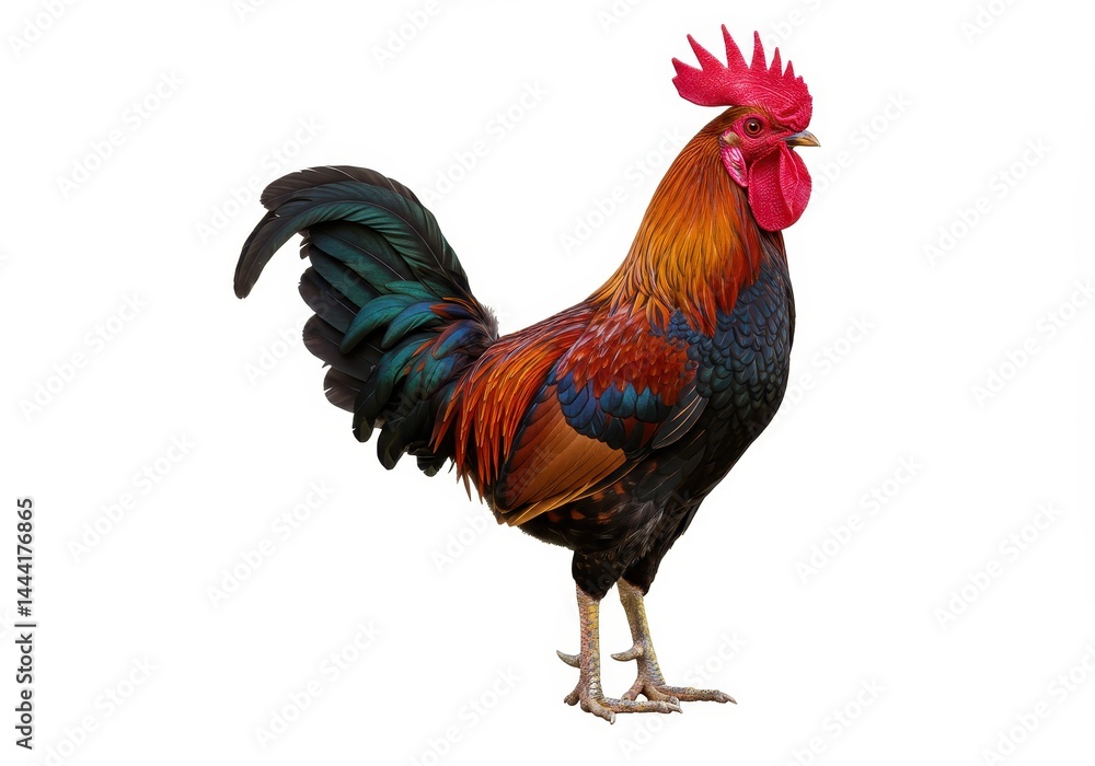 A colorful rooster standing on a white background with its feathers displayed prominently and clearly A colorful rooster standing on a white background with its feathers displayed prominently and clearly
