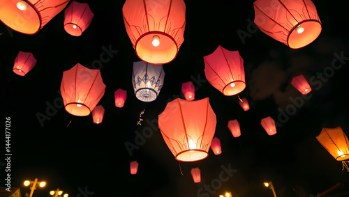floating sky lanterns lamp to the night sky