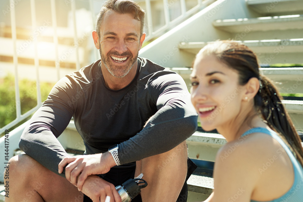Portrait, fitness and couple on break, steps and happy for exercise in morning, summer and healthy. Outdoor, rest and people with sportswear for workout, training and smile with routine for wellness Portrait, fitness and couple on break, steps and happy for exercise in morning, summer and healthy. Outdoor, rest and people with sportswear for workout, training and smile with routine for wellness