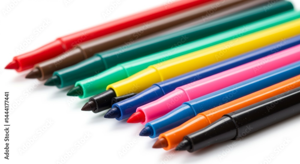 Fototapeta premium Colorful felt tip pens arranged in a row perfect for creative projects and vibrant illustrations ideal for school art and design projects