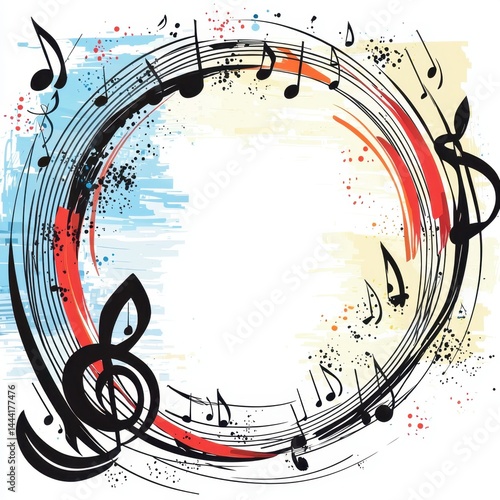 Artistic musical frame with colorful splashes and swirling notes creating a vibrant, dynamic background for music themed designs and creative projects