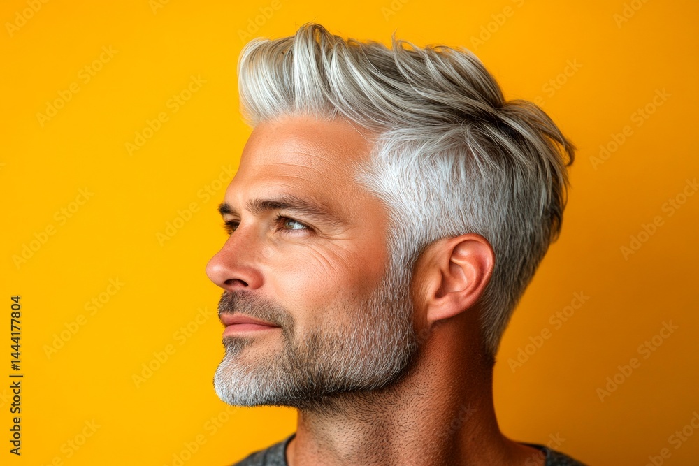 Obraz premium A professional studio photography session of a stunning man. Elegant men's crew cut haircut - midlife white man with white hair. Yellow solid background. Concept of style for aging men.