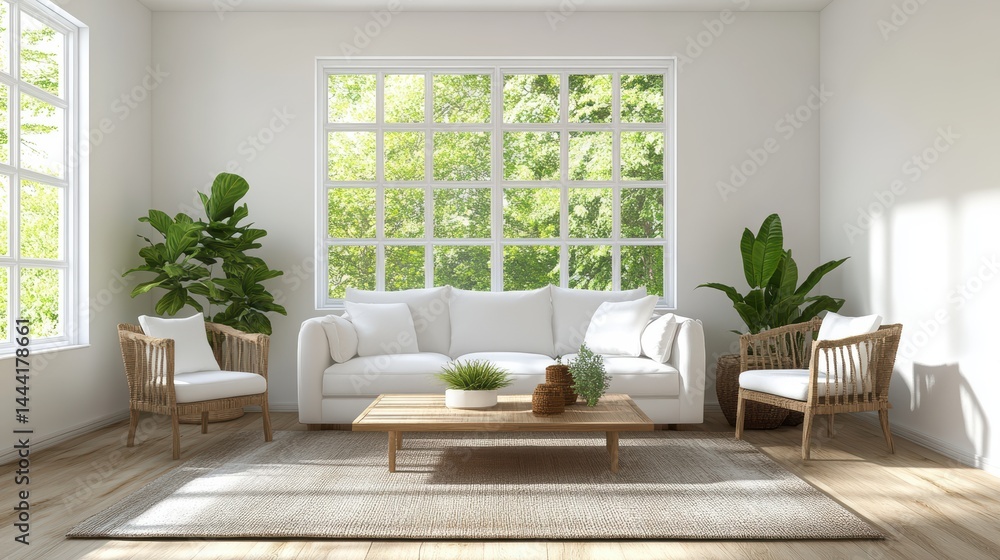 Fototapeta premium Bright minimalist living room with white sofa, woven armchairs, wooden coffee table, potted plants, and large showcasing lush greenery outside