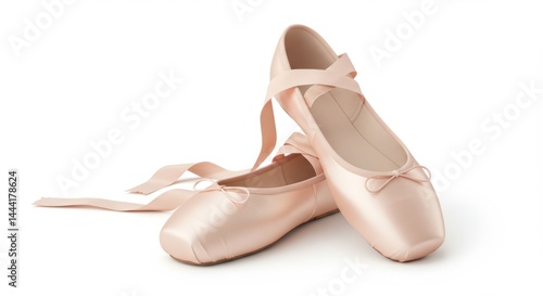 Elegant pink satin ballet pointe shoes with ribbons on white background for dance performance