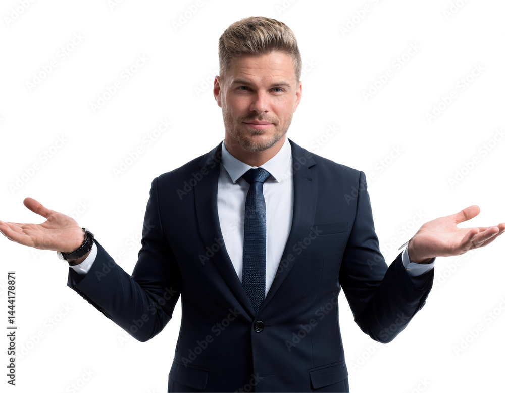 Confident Young Man in Business Attire Gesturing with Uncertainty in a Professional Setting on transparent background Confident Young Man in Business Attire Gesturing with Uncertainty in a Professional Setting on transparent background