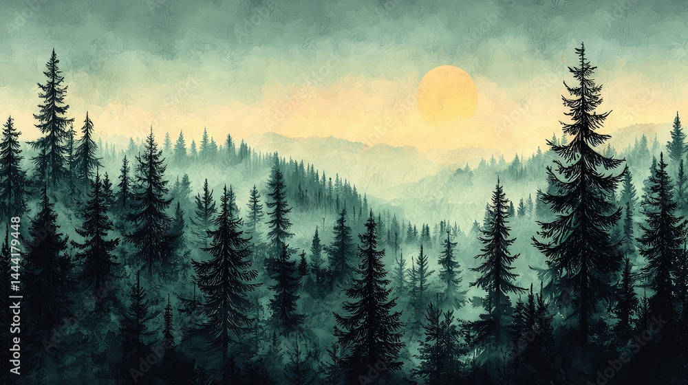 Fototapeta premium Misty mountain forest at sunrise. Vast evergreen trees line the hills, shrouded in a soft morning mist. A golden sun rises above the peaks