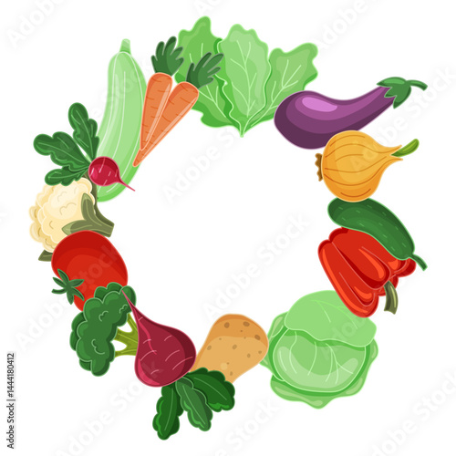 Colorful vector wreath made of vegetables including cabbage, beet, carrot, tomato, zucchini and more. Isolated on white. Suitable for healthy food themes, eco design and packaging