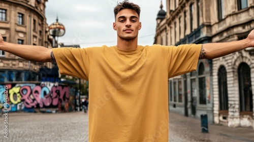 Young man in a mustard yellow t-shirt, arms outstretched, urban setting
