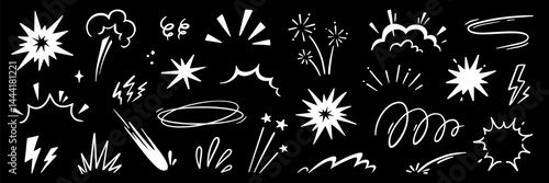 Line speed cartoon effect, boom explosive motion line element set. Comic boom burst, explosive smoke, line speed cartoon vector icon. Hand drawn sketch doodle action effect. Vector illustration