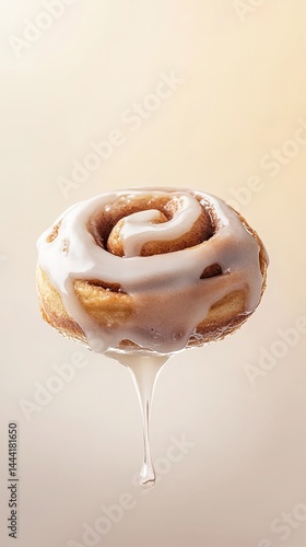 Cinnamon roll background, gooey cinnamon roll with icing drips, floating on a soft gradient backdrop