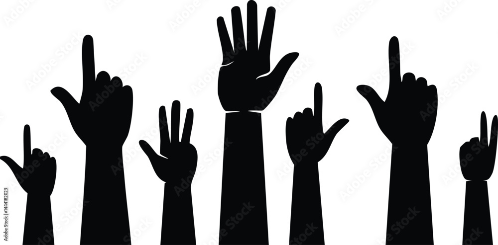 Fototapeta premium Vector Illustration of Silhouettes of Raised Hands with Diverse Gestures in Black and White – Symbolizing Unity, Participation, and Community Engagement in a Minimalist Style