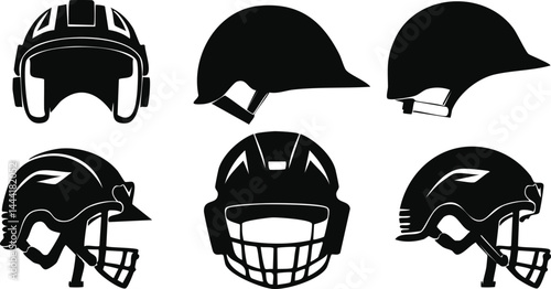 Vector Collection of Sports Helmets Including Football, Baseball, Hockey, and Cycling Designs – Detailed Black and White Silhouettes of Protective Headgear for Athletes

