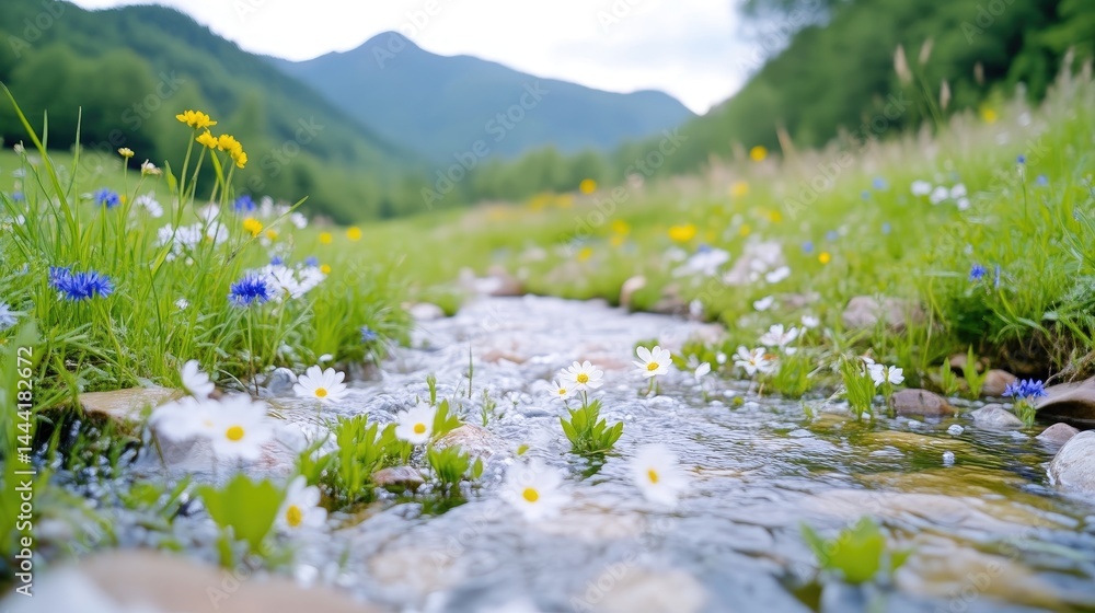 Fototapeta premium Mountain Stream, Flowers, Meadow
