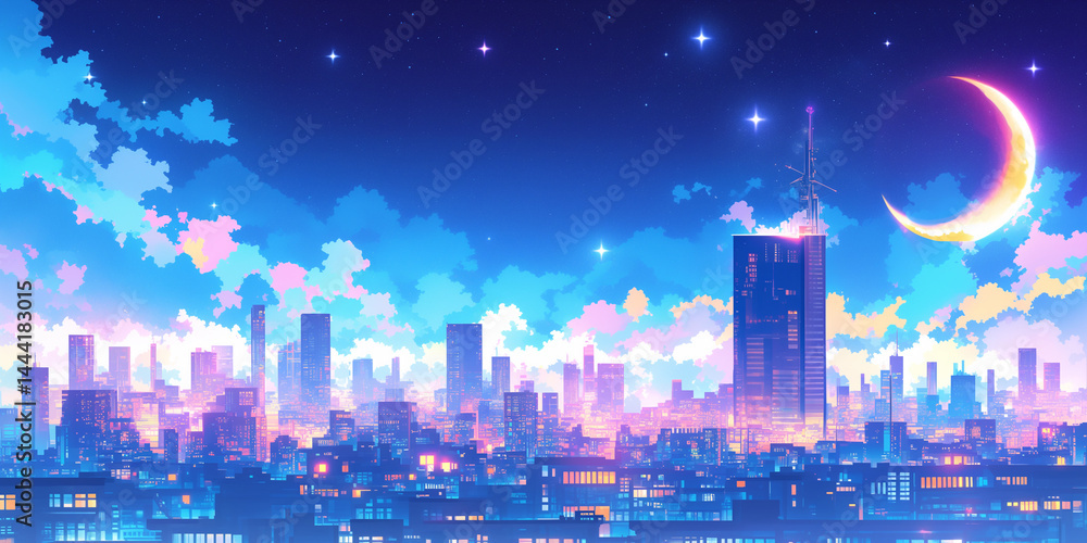 Fototapeta premium デジタルペイントで表現された都市の夜と幻想的な満月が織りなす、近未来と郷愁が共存する空想都市風景｜光と影が溶け合う高層ビル群の街並みと美しい空のイラスト