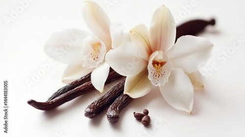 Delicate vanilla orchids and pods.  A close-up image of two elegant white orchids nestled beside dark brown vanilla pods, with a few vanilla seeds scattered around