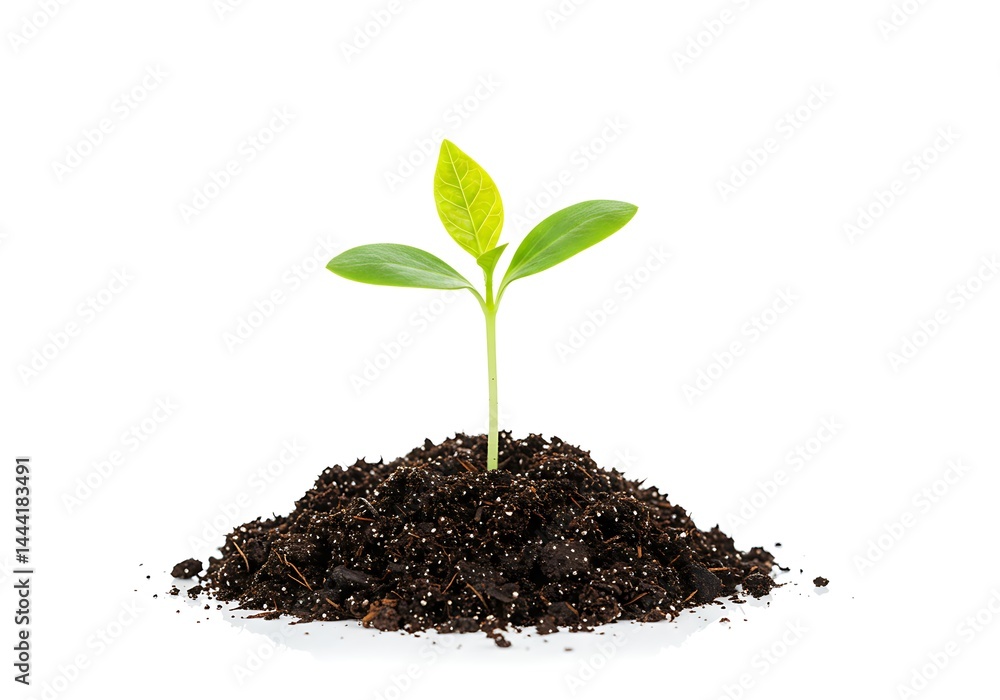 A small green plant growing from a mound of dark soil against a plain white studio background scene view A small green plant growing from a mound of dark soil against a plain white studio background scene view