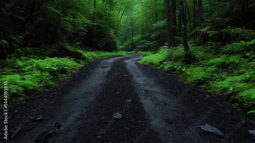 Obraz premium Dark, winding forest road. Lush greenery surrounds a wet, gravel path