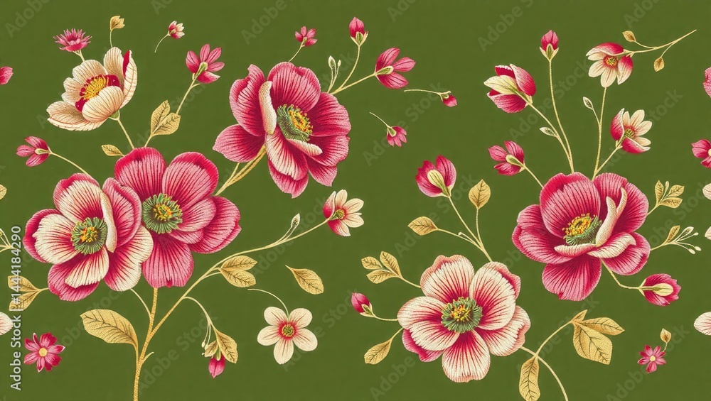 Retro Fantasy Flowers: Jacobean Embroidery Seamless Pattern on Army Green